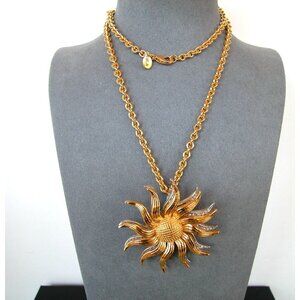 Vintage KJL Gold-Tone Sunburst Pendant Necklace & Brooch Combo28"